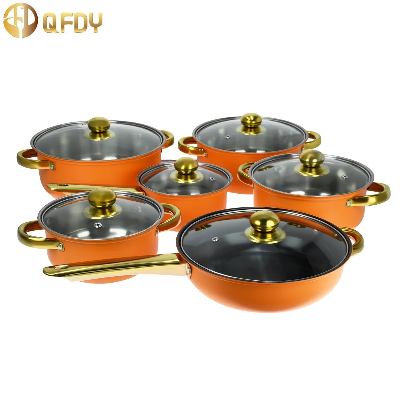 Colorful 12-piece stainless steel kitchen cookware set with non-stick handles, including soup pots, ideal for versatile cooking.
