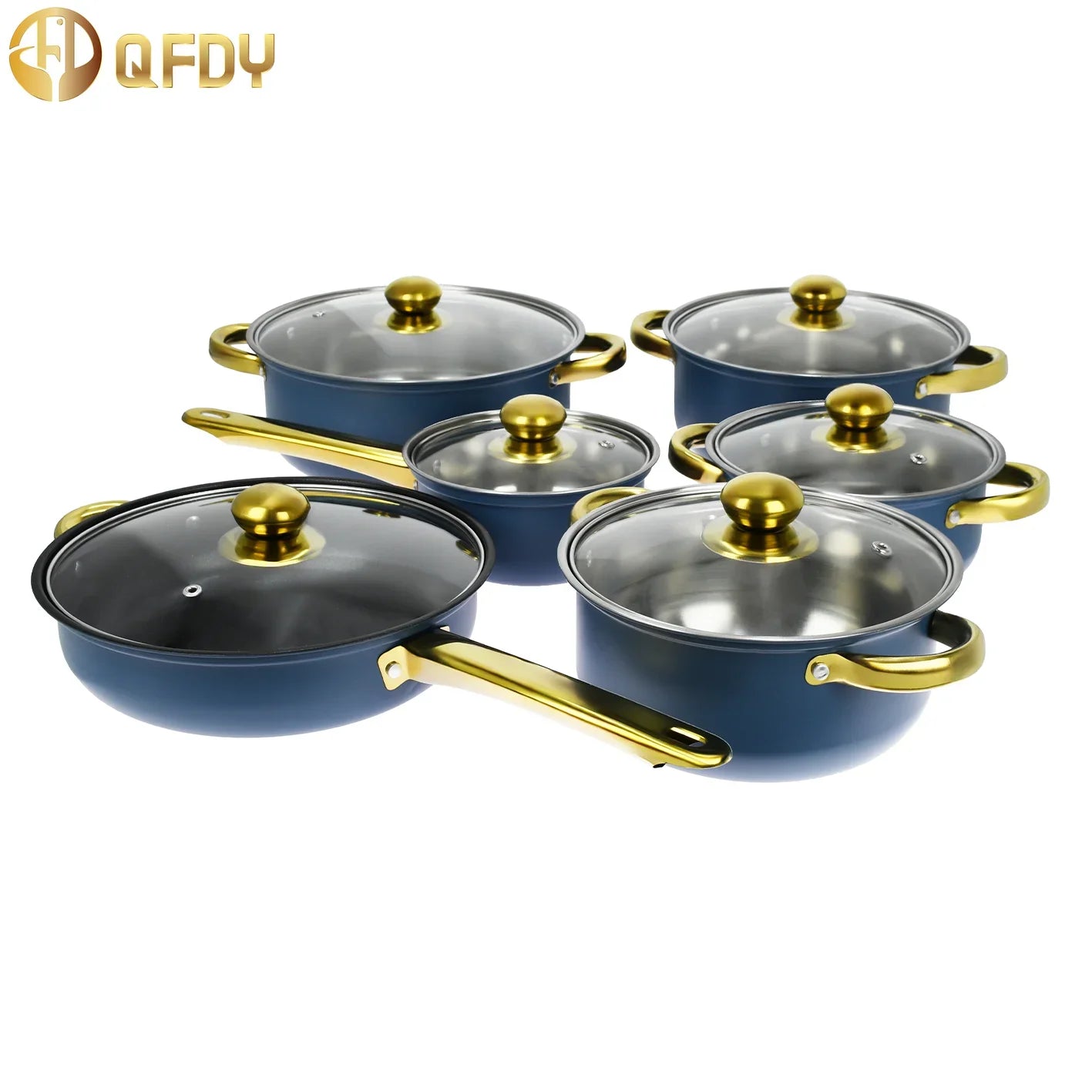 Colorful stainless steel kitchen cookware set with 12 non-stick handle pots, including a soup pot, by Lamp Post.