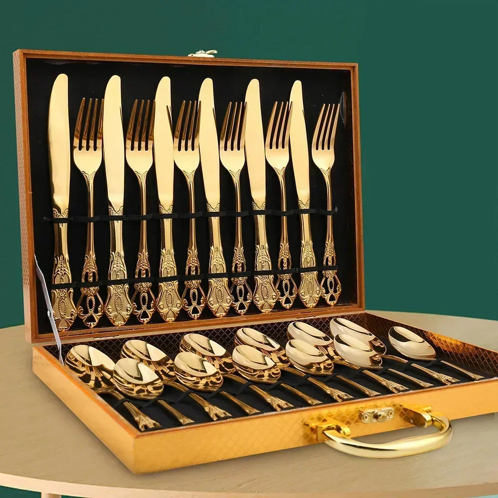 Golden stainless steel cutlery set from Lamp Post, complete 24-piece kitchen dishware with forks, knives, and spoons for elegant tableware.