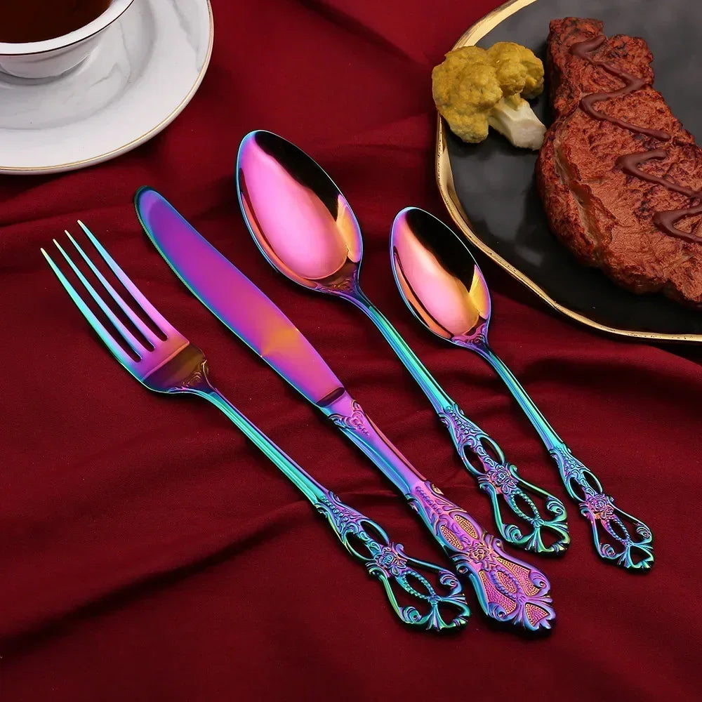 Golden stainless steel cutlery set by Lamp Post, complete 24-piece kitchen dishware with forks, knives, and spoons arranged in a box.