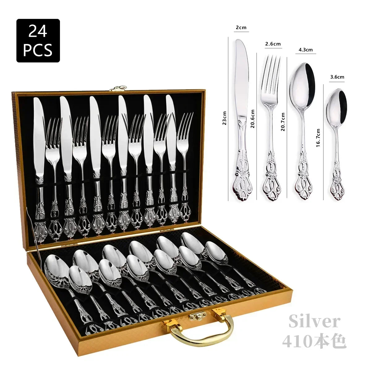 Golden stainless steel cutlery set by Lamp Post, includes 24-piece complete tableware for kitchen and dining use.