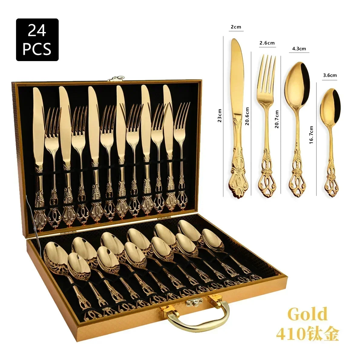Golden stainless steel cutlery set by Lamp Post, 24-piece complete tableware with forks, knives, and spoons for kitchen dishware.