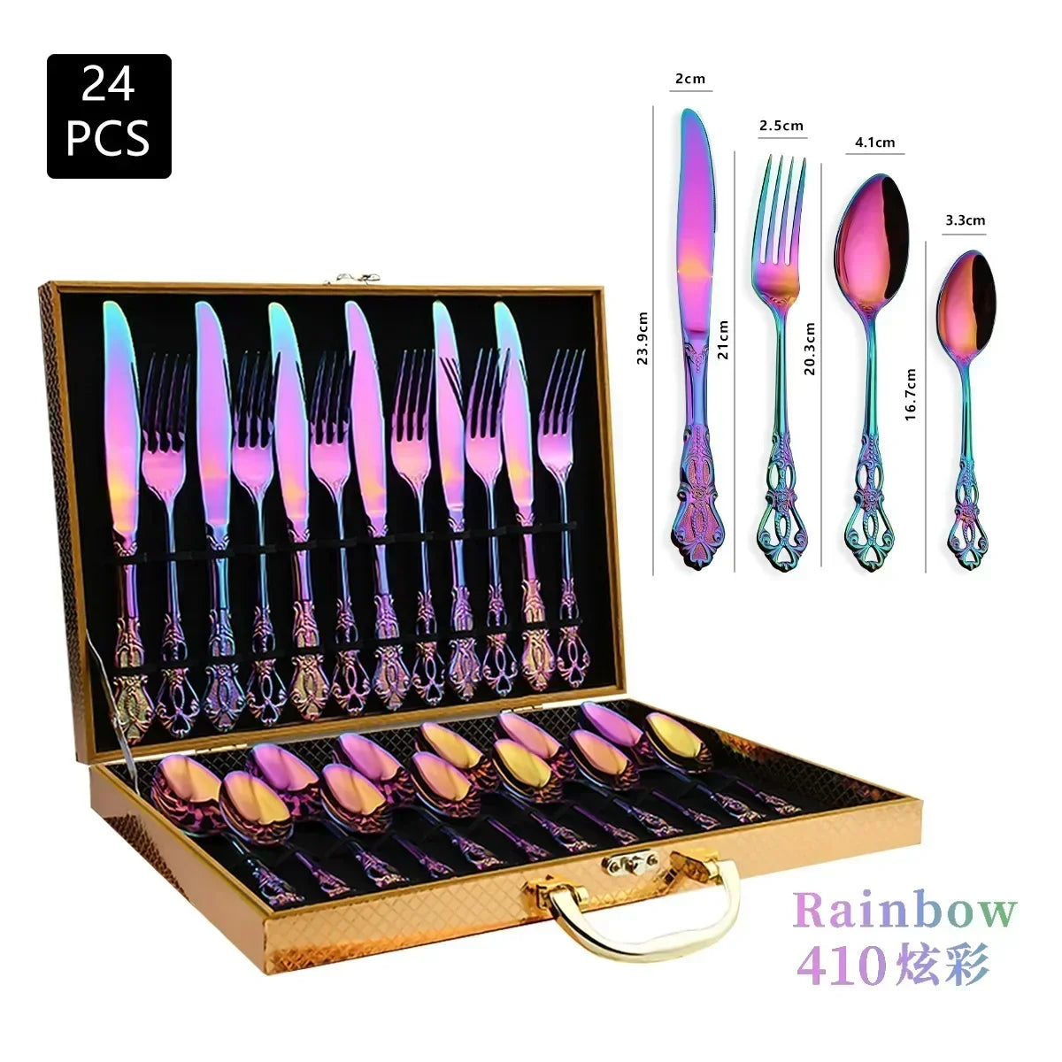 Golden stainless steel cutlery set by Lamp Post, 24-piece kitchen dishware for complete tableware presentation.
