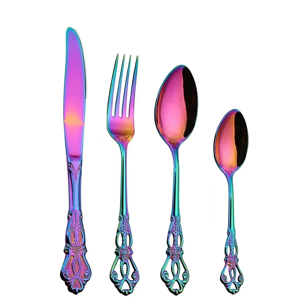 Golden stainless steel cutlery set by Lamp Post, includes 24-piece complete tableware with knives, forks, and spoons for kitchen use.