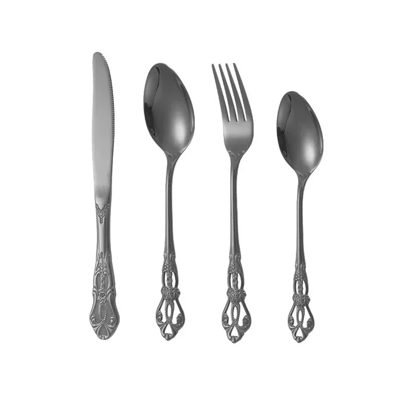 Golden stainless steel cutlery set from Lamp Post, complete 24-piece tableware set with knives, forks, and spoons for kitchen dining.