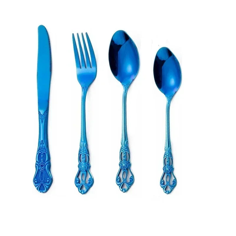 Golden stainless steel cutlery set by Lamp Post, 24-piece complete tableware set with forks, knives, spoons, and serving utensils.