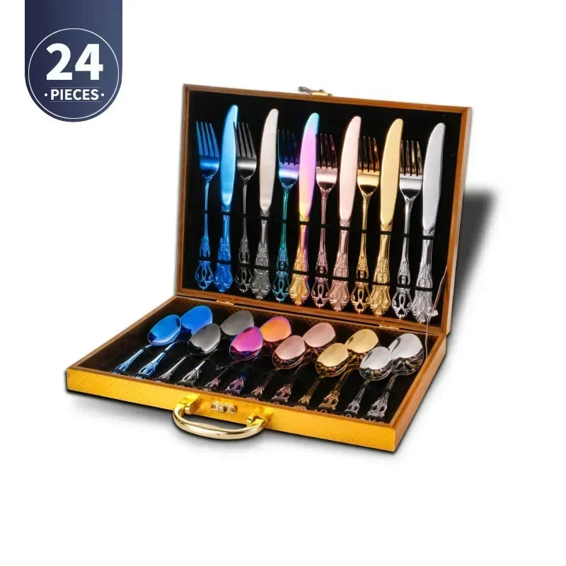 Golden stainless steel cutlery set from Lamp Post, includes 24-piece complete kitchen dishware tableware set with forks, knives, and spoons.