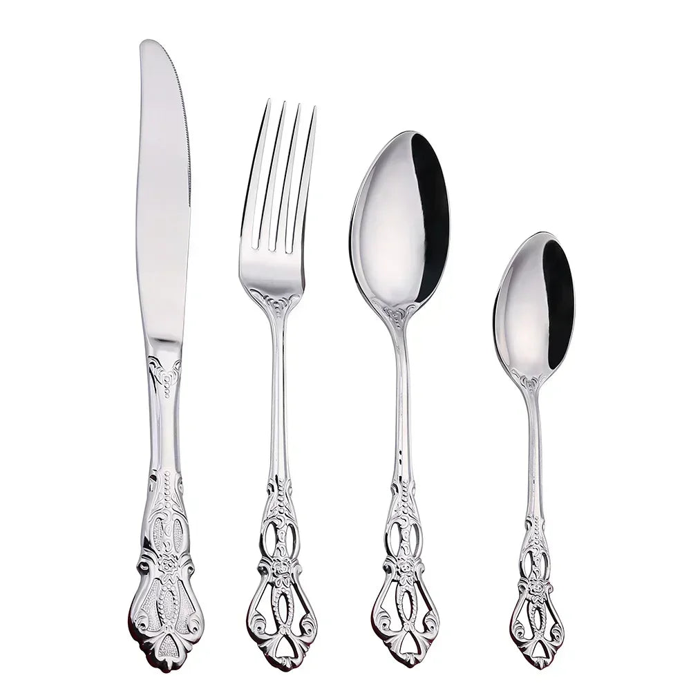 Golden stainless steel cutlery set by Lamp Post, complete 24-piece kitchen dishware including forks, knives, and spoons on a white background.
