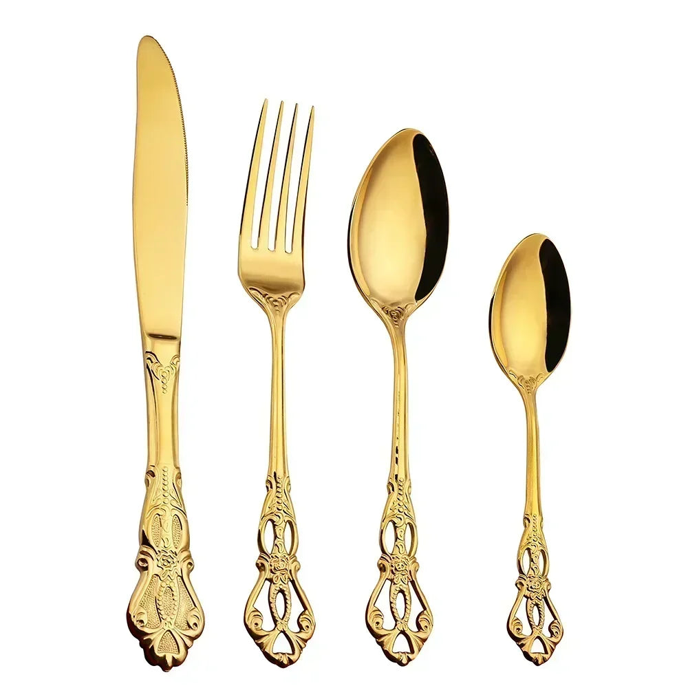 Lamp Post golden stainless steel cutlery set with 24-piece complete tableware for kitchen dining, includes knives, forks, and spoons.