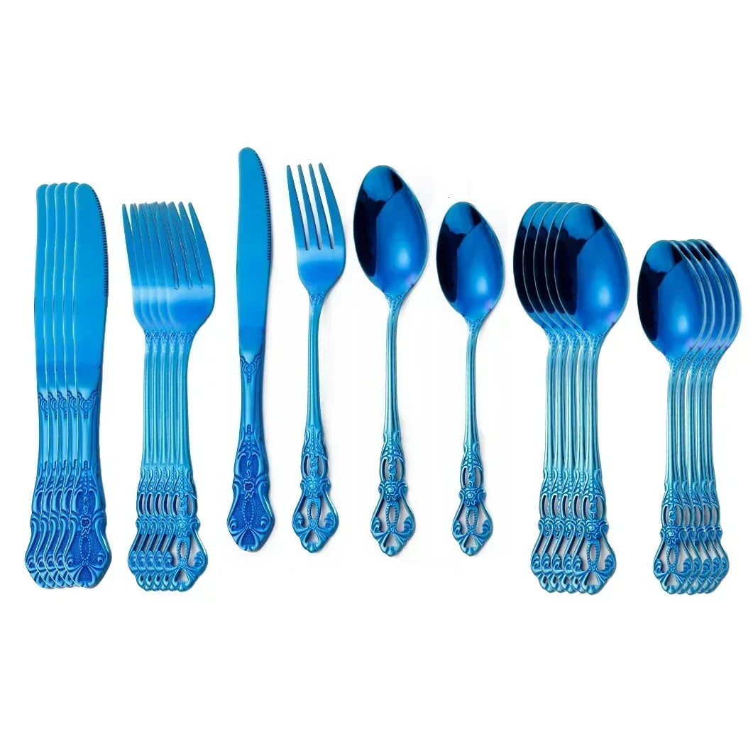 Golden stainless steel cutlery set by Lamp Post, 24-piece complete tableware set with forks, knives, spoons, and utensils.