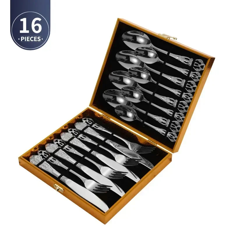 Golden stainless steel cutlery set by Lamp Post, 24-piece complete tableware set for kitchen dining, includes knives, forks, spoons.