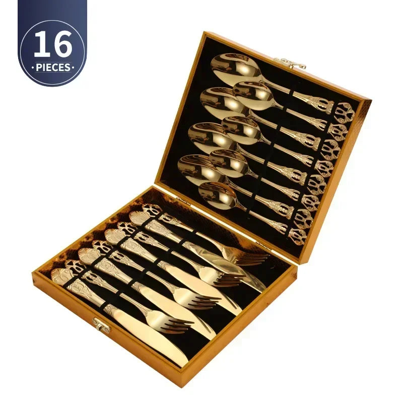 Golden stainless steel cutlery set by Lamp Post, complete 24-piece tableware including forks, knives, and spoons for dining.