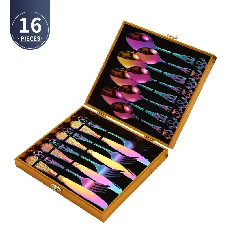 Golden stainless steel cutlery set by Lamp Post, complete 24-piece kitchen dishware tableware with forks, knives, and spoons.