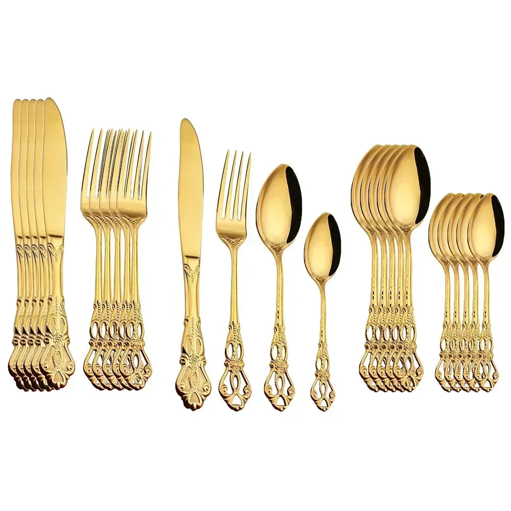 Golden stainless steel cutlery set by Lamp Post, includes 24-piece complete tableware set with forks, knives, and spoons.