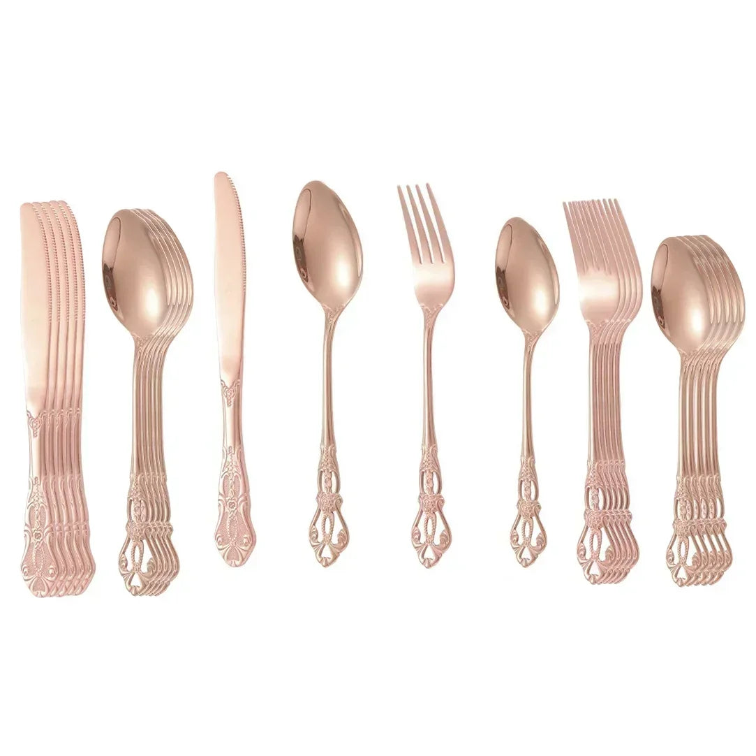 Golden stainless steel cutlery set by Lamp Post, complete 24-piece tableware set for kitchen dining, includes knives, forks, and spoons.