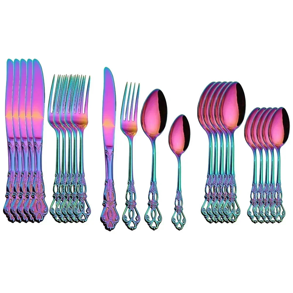 Lamp Post golden stainless steel cutlery set with 24-piece complete kitchen dishware, including forks, knives, and spoons in a box.