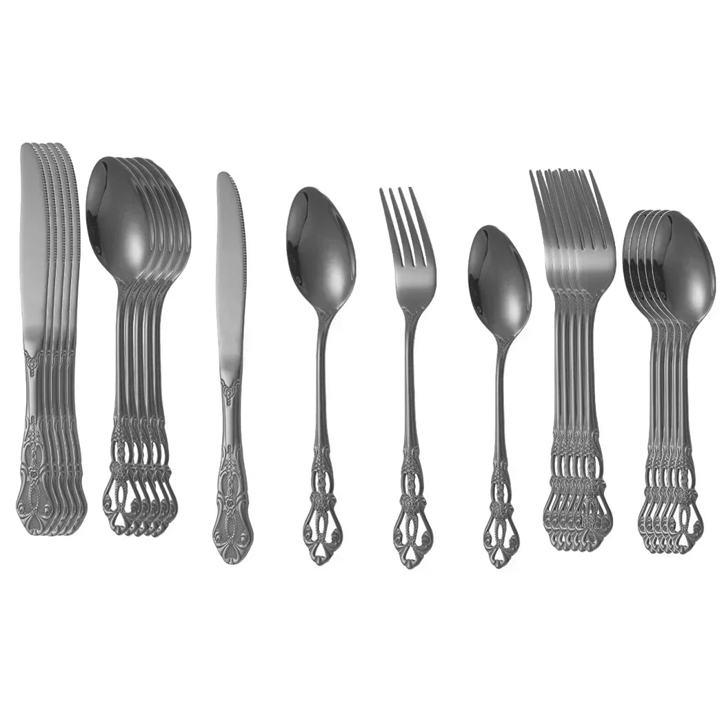 Golden stainless steel cutlery set by Lamp Post, 24-piece complete tableware kitchen dishware with forks, knives, and spoons.