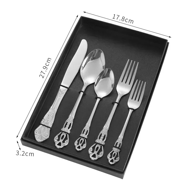 Golden stainless steel cutlery set by Lamp Post, complete 24-piece kitchen dishware with forks, knives, and spoons for table use.