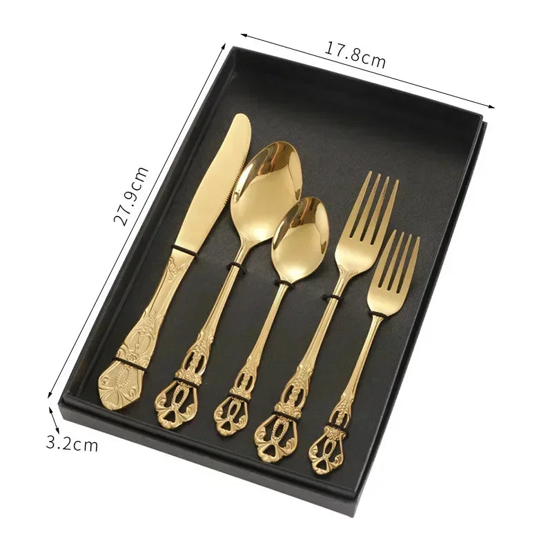 Golden stainless steel cutlery set by Lamp Post, complete 24-piece kitchen dishware with forks, knives, and spoons for table use.