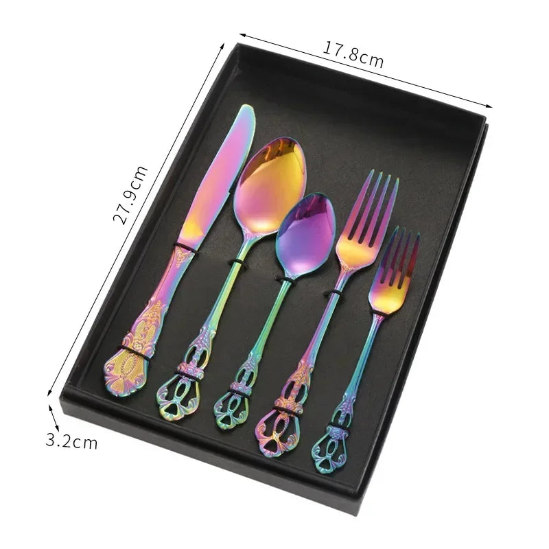 Golden stainless steel cutlery set by Lamp Post, complete 24-piece tableware with knives, forks, and spoons for dining.