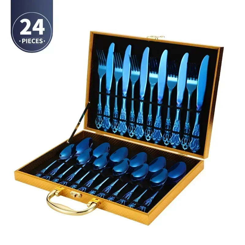 Lamp Post golden stainless steel cutlery set with 24-piece complete tableware set for kitchen use, displayed in a box.