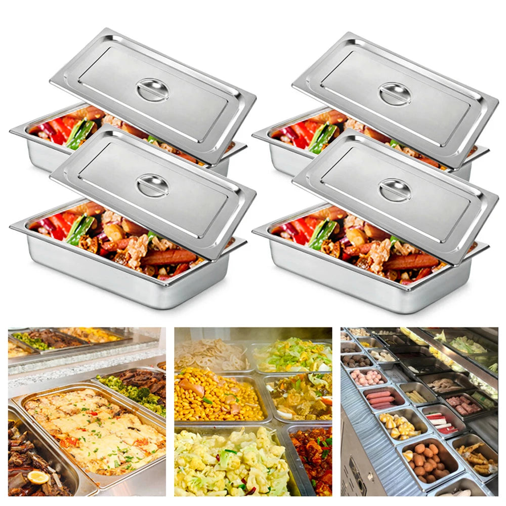 Four stainless steel rectangular chafing dishes with lids, 4-inch deep, ideal for catering and buffet serving.