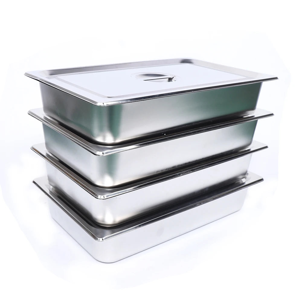 Stainless steel 4-inch deep rectangle chafing dish set with lids, Lamp Post kitchen dishware, steam table pans, silver finish.