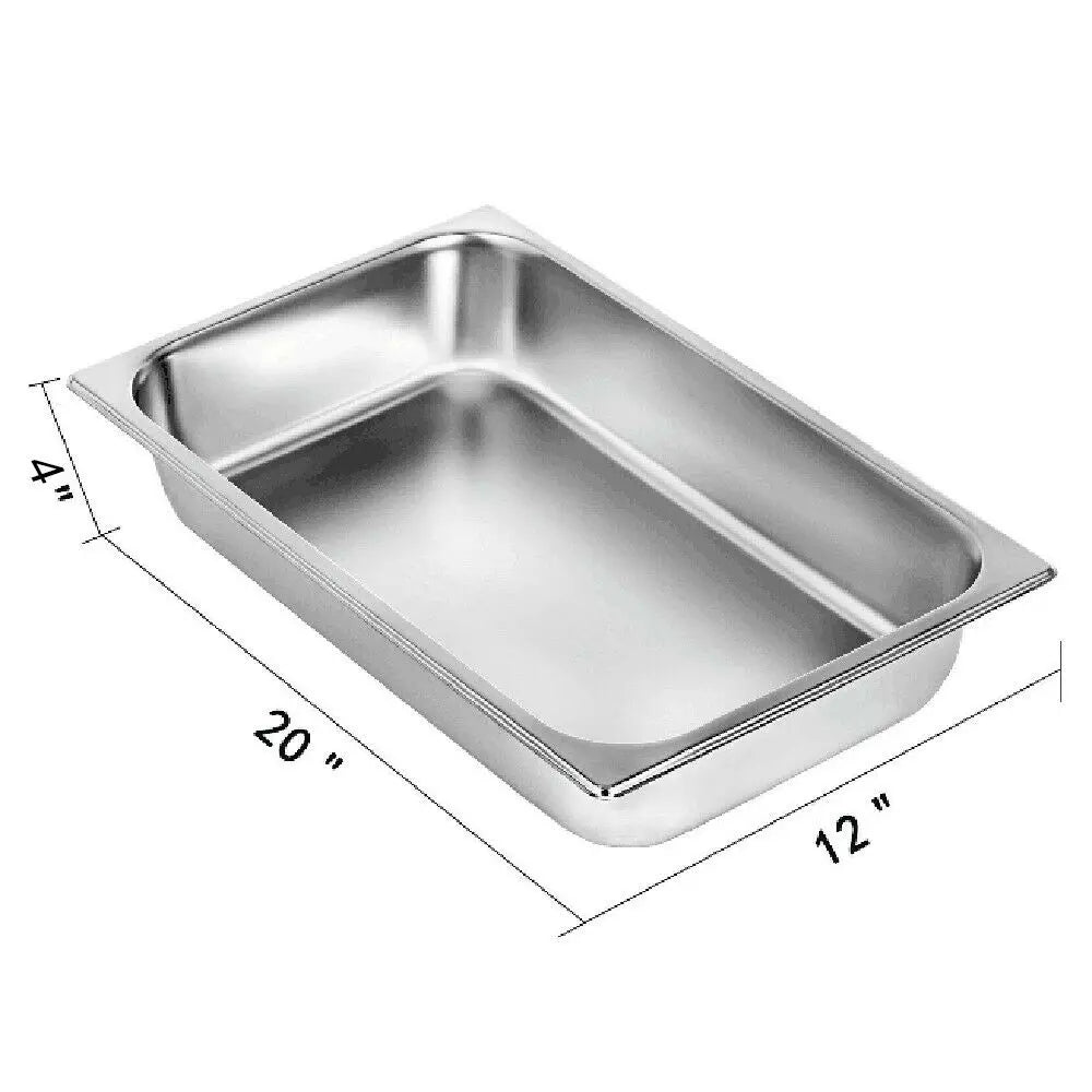 Four stainless steel 4-inch deep rectangular chafing dishes with lids, suitable for catering and buffet serving.