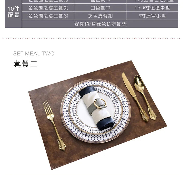 Lamp Post full 10-piece kitchen dishware set with plates, knives, spoons, and forks for dinnerware and table setting.