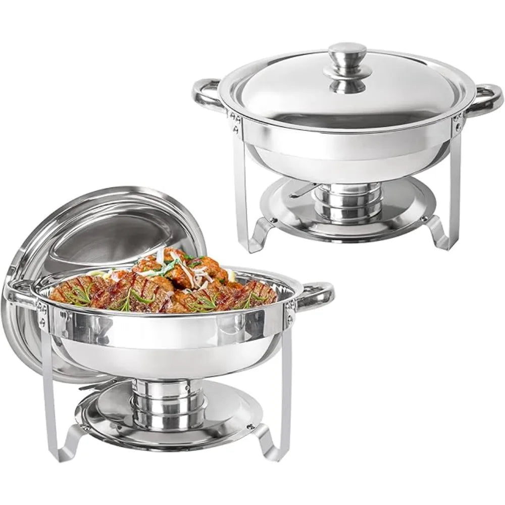Set of two 5QT round stainless steel chafing dishes by Lamp Post, ideal for catering and buffet presentation.