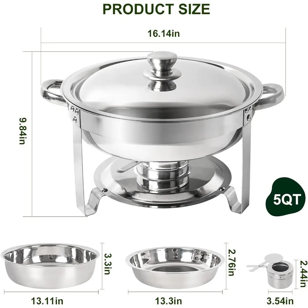 Set of 2 stainless steel chafing dishes with 5-quart round bowls, ideal for catering and buffet service.