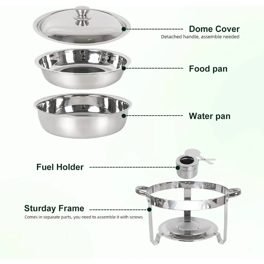Pair of 5QT stainless steel chafing dishes for catering, round buffet set with lids, by Lamp Post kitchen dishware.