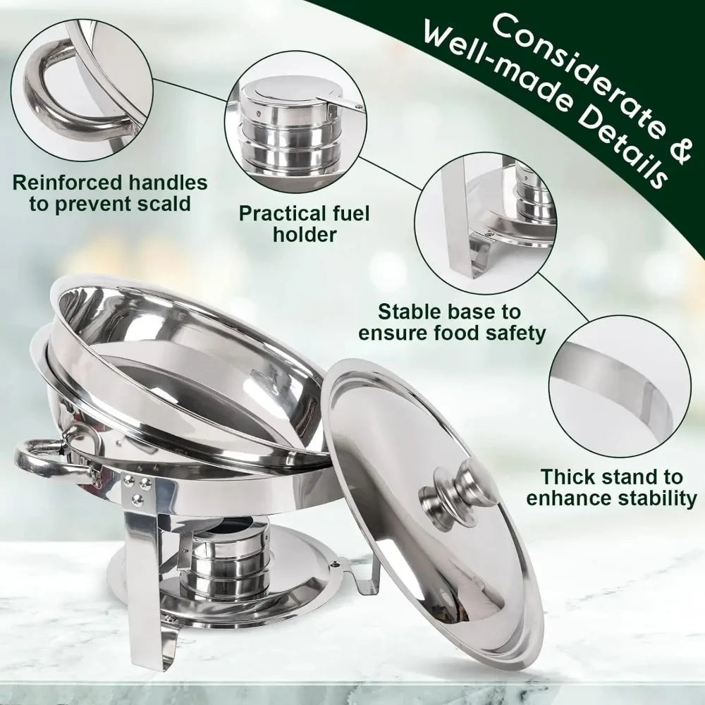Set of two 5QT round stainless steel chafing dishes for catering, ideal for buffet service, by Lamp Post Kitchen Dishware.