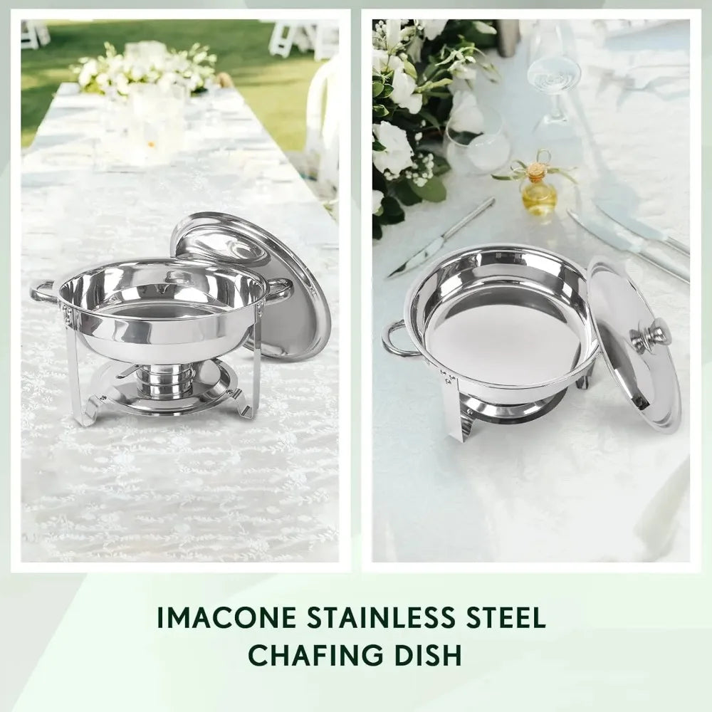 Two 5QT round stainless steel chafing dishes from Lamp Post buffet set for catering, with lids and handles for serving.