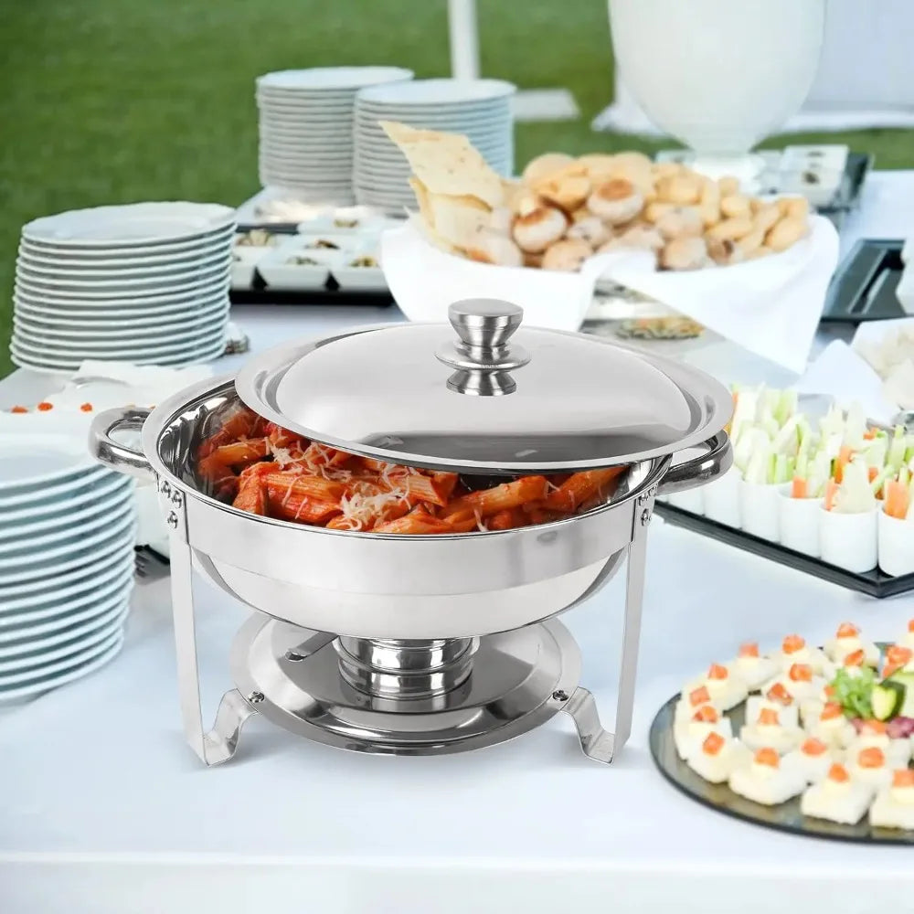 Set of two 5QT round stainless steel chafing dishes by Lamp Post, ideal for catering and buffet service, with sleek kitchen design.