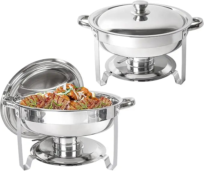 Set of two 5-quart stainless steel chafing dishes for catering, round buffet dishware by Lamp Post, ideal for serving hot food at events.