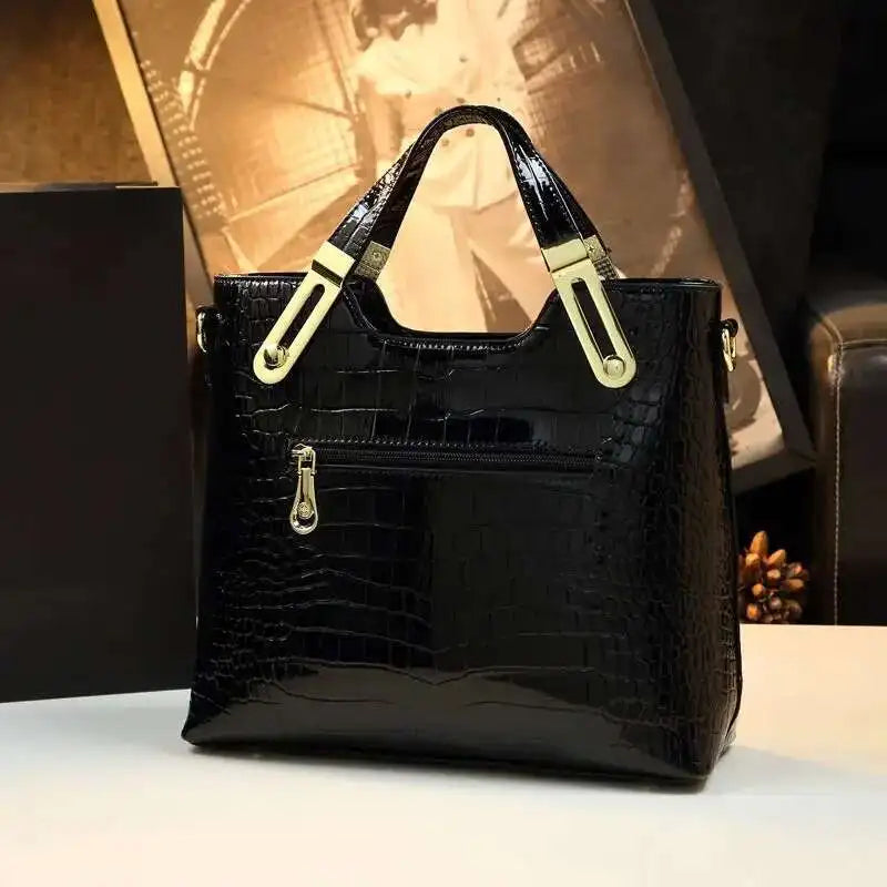 Lamp Post women's crocodile pattern tote bag with large capacity, microfiber gradient color, shoulder carry, and luxury style.