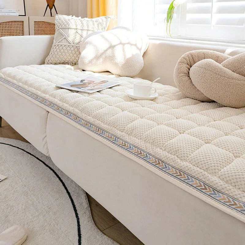 Lamp Post coffee sofa cover draped over a sofa, protecting and decorating with a stylish, fitted fabric for living room furniture.