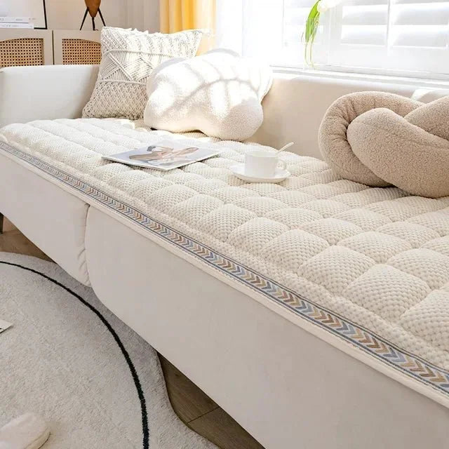 Lamp Post sofa cover in coffee color, designed to protect and enhance a standard sofa with a snug fit and durable fabric.