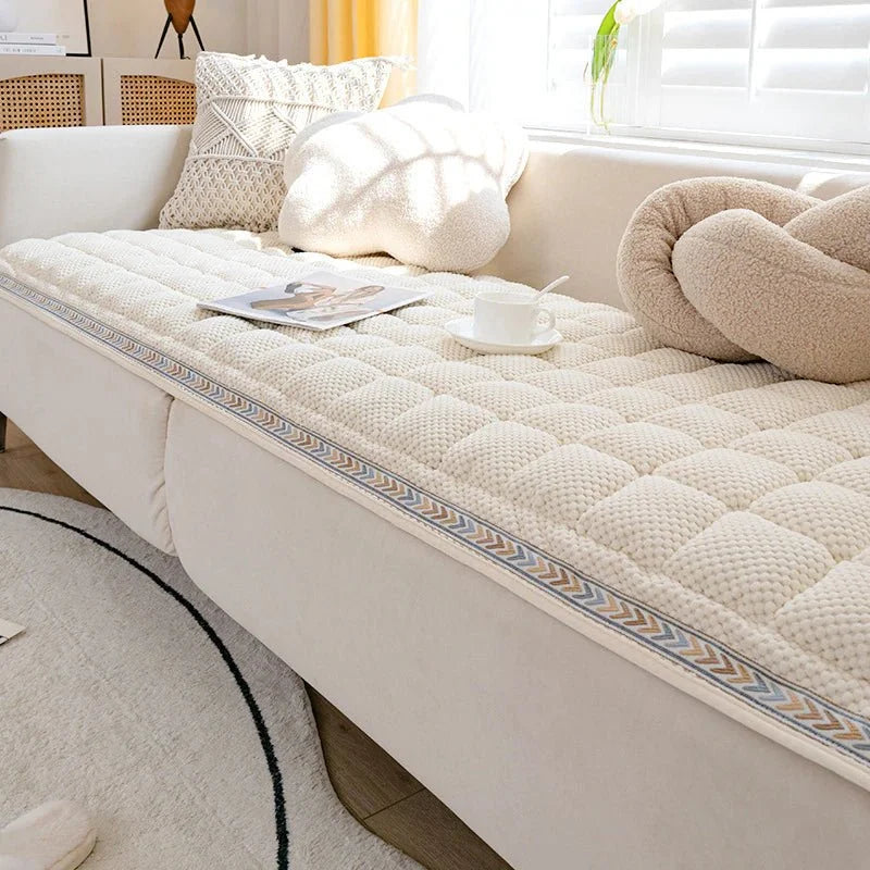 Lamp Post sofa cover in coffee color, designed to protect and style a sectional or large sofa with a cozy fabric appearance.