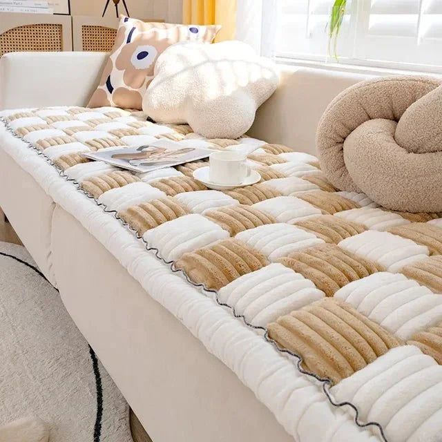 Lamp Post sofa cover in coffee color draped over a sofa, protecting and enhancing the furniture with a stylish fabric.