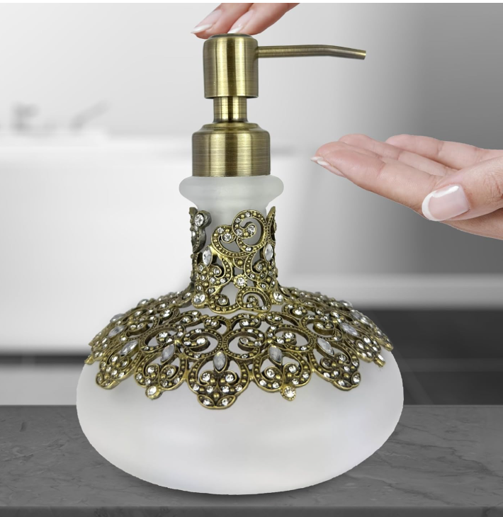 Elegant frosted glass Lotion Dispenser by Lamp Post, featuring an Arabesque design, perfect for bathroom decor and soap dispensing.