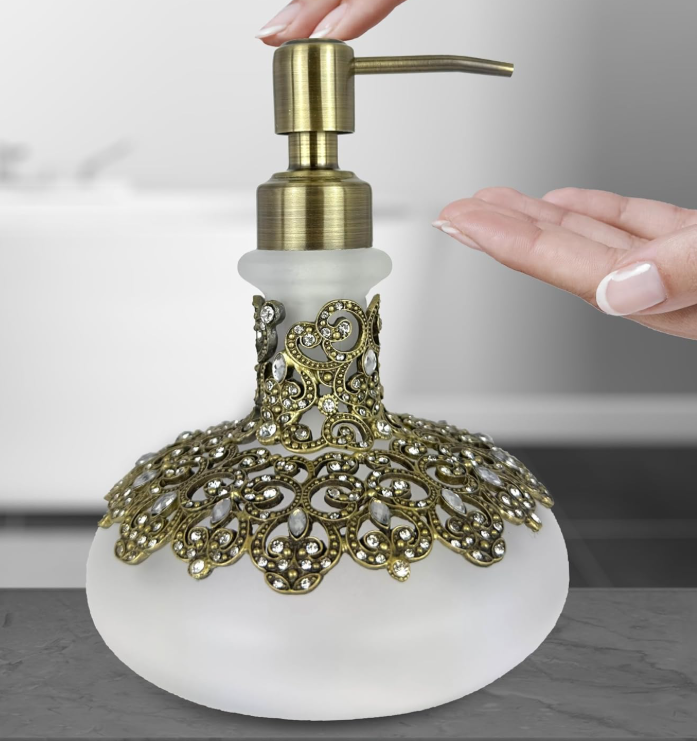 Elegant frosted glass lotion dispenser by Lamp Post, featuring an Arabesque design, perfect for bathroom decor or as a gift.