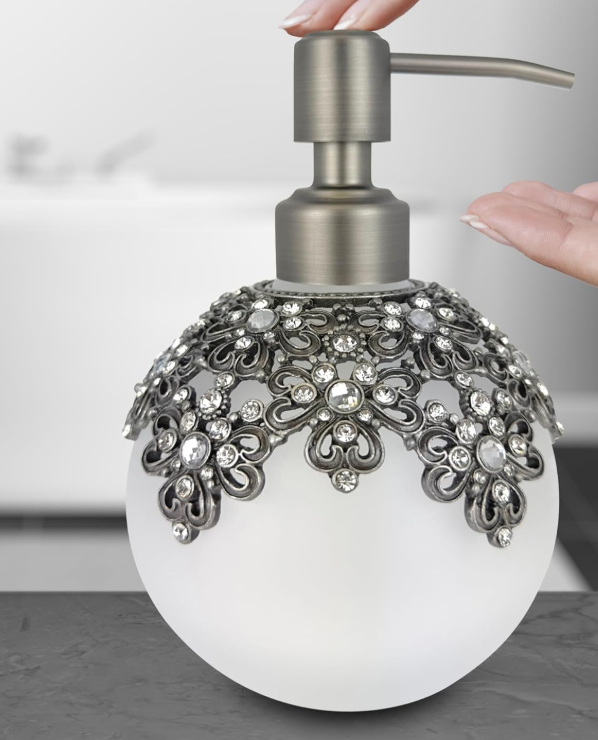 Elegant frosted glass Lotion Dispenser by Lamp Post, with an Arabesque design, ideal for bathroom decor and soap dispensing.
