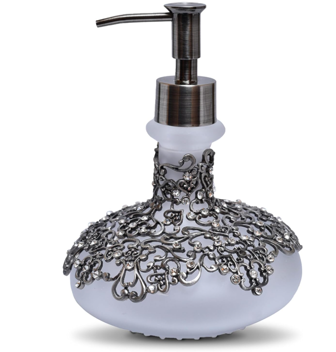 Elegant frosted glass lotion dispenser from Lamp Post with Arabesque design, ideal for bathroom decor and soap dispensing.