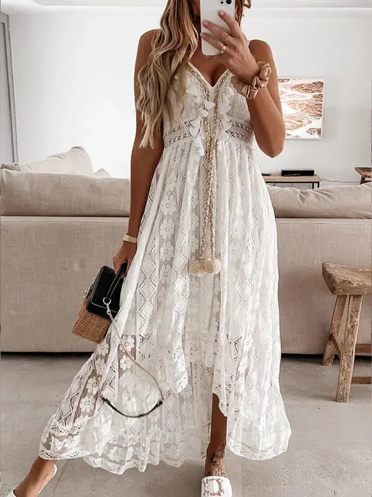 Beige women’s summer maxi dress by Lamp Post featuring a flowing fabric and sleeveless design perfect for warm weather.