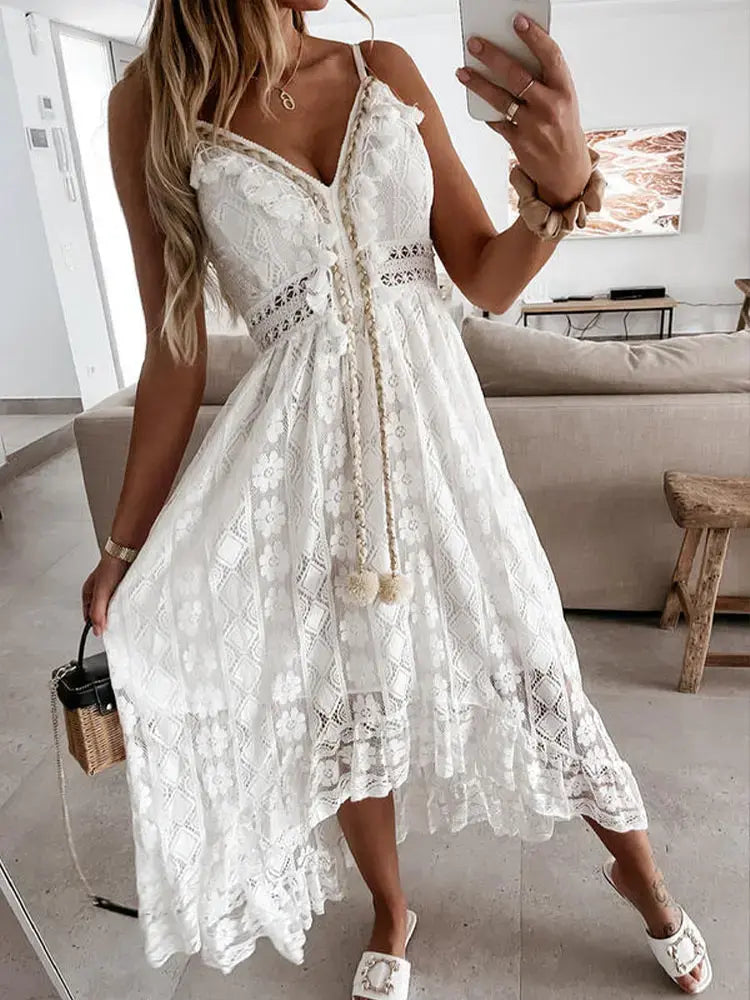 Beige women's summer maxi dress by Lamp Post, flowing fabric, sleeveless design, perfect for warm weather and casual occasions.