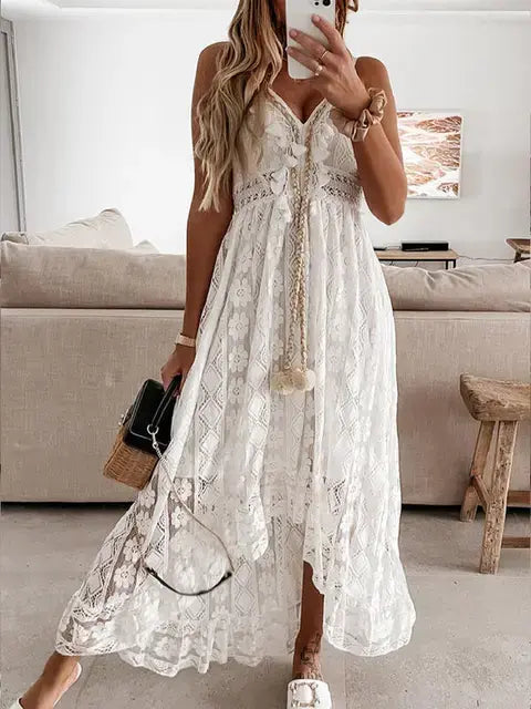 Beige women's summer maxi dress by Lamp Post, flowing lightweight fabric and sleeveless design for warm weather.