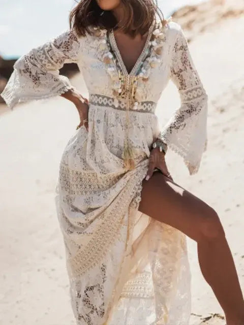 Beige women’s summer maxi dress by Lamp Post featuring lightweight fabric and flowing design, perfect for warm weather.