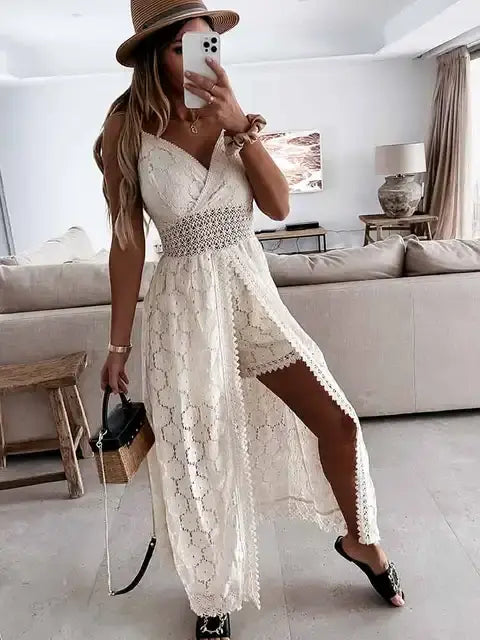 Beige women's summer maxi dress by Lamp Post, flowing fabric, sleeveless design, perfect for warm weather and casual outings.